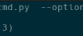 Screenshot of a terminal running a Python script. ./cmd.py --option 1 --option 2 3 option=None arguments=(1, 2, 3)