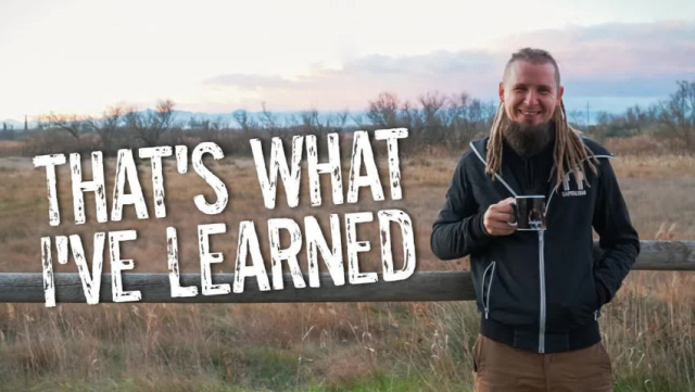 Thumbnail of the video from Peertube. It shows a picture of Dima standing outside in nature holding a coffee mug. Text on the left reads "That's what I've learned"