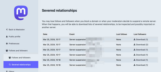 Screenshot of the new “Severed relationships” page in Mastodon’s user settings page, showing a list of severed relationship events caused by instance-wide blocks, with the number of impacted relationships and a button to download the list for each of them.