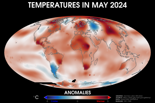 Global map showing surface air temperature anomalies for May 2024. Most areas are warmer than average. Red shading is shown for warmer anomalies, and blue shading is shown for colder anomalies. The largest temperature anomalies are over land areas.