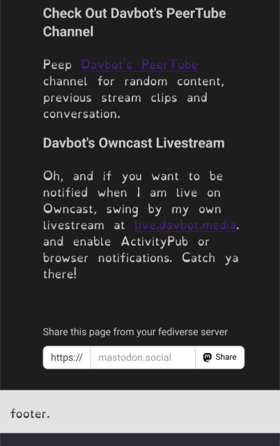 fediverse share button active at the bottom of davbot.work