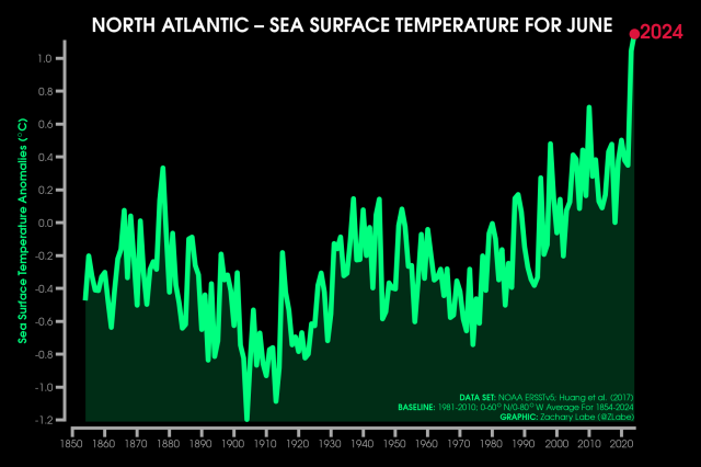 Green line graph time series of average sea surface temperature anomalies for each June from 1850 through 2024 for only the North Atlantic. There is large interannual variability, but an overall long-term increasing trend. Anomalies are computed relative to a 1981-2010 baseline. 2024 is easily the warmest on record.