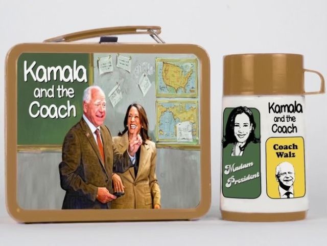 Old school lunch box with picture of Coach Walz and Kamala and an old school thermos with an illustration of Kamala Harris with lettering saying Madam President and type saying Kamala and the Coach, with a smaller framed image of Coach Walz