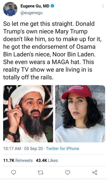 Eugene Gu, MD
@eugenegu 
So let me get this straight. Donald Trump's own niece Mary Trump doesn't like him, so to make up for it, he got the endorsement of Osama Bin Laden's niece, Noor Bin Laden. She even wears a MAGA hat. This reality TV show we are living in is totally off the rails.

(Pictures of Osama bin Laden and Noor bin Laden in a MAGA hat)