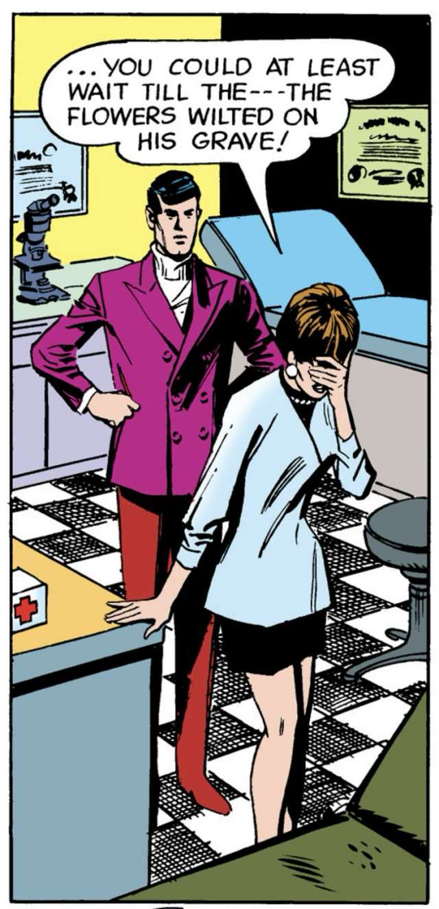 A doctor in an exam room sobs as behind her stands a silent Bruce Wayne. "...you could at least wait till the--the flowers wilted on his grave!"