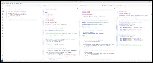 A ultra wide screen shot of 4 different source codes open side by side