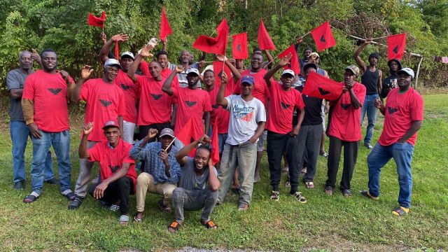 Group photo of recalled Cahoon apple workers wearing their red ufw shirts and holding flags