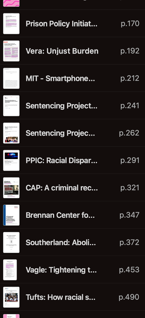 A list of papers in the sidebar of Goodnotes with page numbers attached.

(Text in the picture isn't important, but here it is:)
- Prison Policy Initiat... p.170
- Vera: Unjust Burden p.192
- MIT - Smartphone... p.212
- Sentencing Project... p.241
- Sentencing Projec... p.262
- PPIC: Racial Dispar... p. 291
- CAP: A criminal rec... p.321
- Brennan Center fo... p. 347
- Southerland: Aboli... p.372
- Vagle: Tightening t... p.453
- Tufts: How racial s... p.490