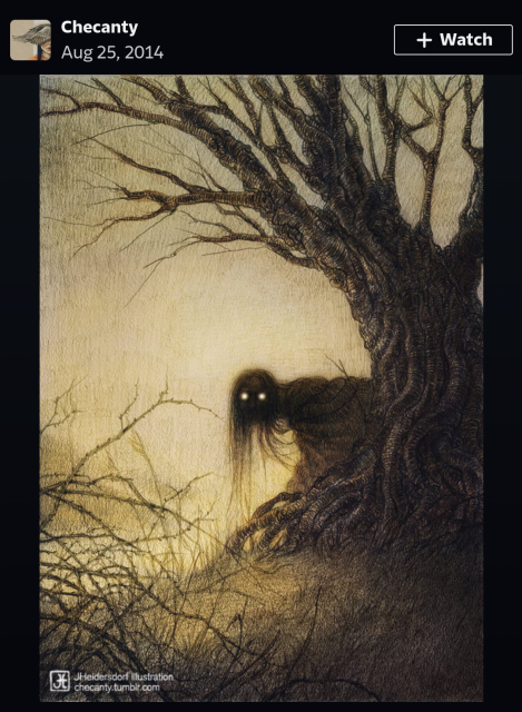 Jana Heidersdorf/ Checanty on DeviantArt's illustration of a shadowy creature with glowing eyes hunkered down beside a tree