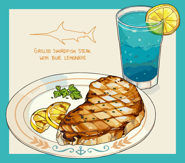 Illustration of a plate of grilled swordfish steak with lemon, as well as a glass of blue lemonade.