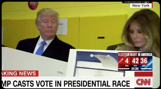 Trump checking sneakily whether Ivana checks the right box 