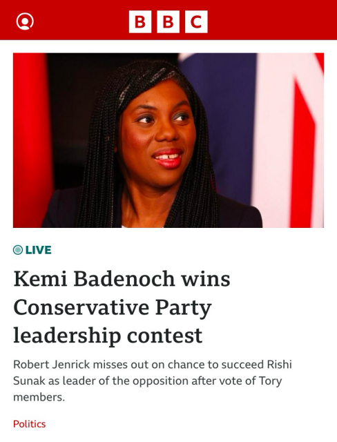 BBC News headline: Kemi Badenoch wins Conservative Party leadership contest 