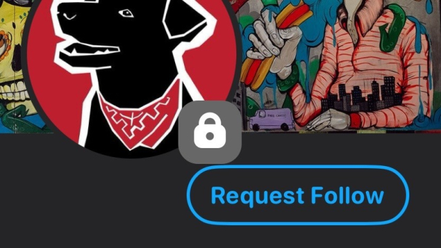 Screenshot of a partial profile hero and avatar, with a “request follow” button.