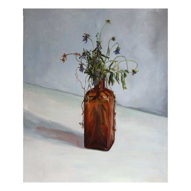 Oil painting, still life with a glass bottle with some dried flowers inside.