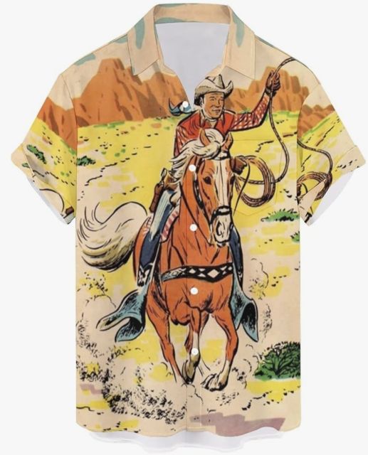 A button down shirt with a cowboy riding a horse on it.