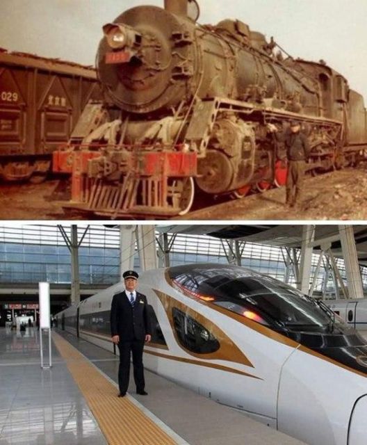 pictures of Han Junjia standing next to a steam locomotive and and high speed bullet train he pilots today