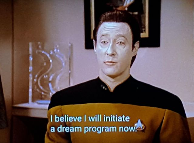 Star Trek The Next Generation scene. Here we see Mr. Data, in quarters, with a flowey fancy glassy art piece behind him on a shelf. He's just standing and talking otherwise, in his nice golden uniform. Closed caption, "I believe I will initiate a dream program now."