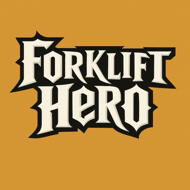 "Forklift Hero" in the style of the Guitar Hero logo with safety orange background. 