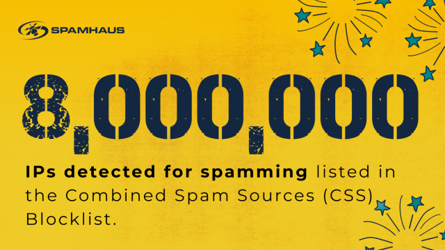8,000,000 IPs detected for spamming listed in the Combined Spam Sources (CSS) Blocklist.