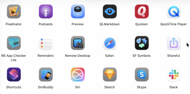A series of app icons on macOS Tahoe some with irregular shapes are now contained within a grey squircle. 