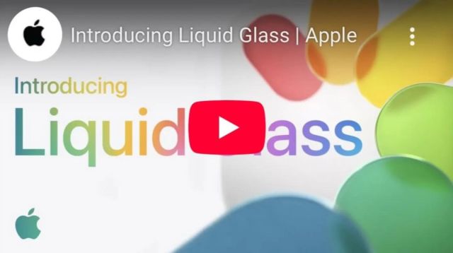 Screenshot of the YouTube thumbnail for the video. The play button blocks the G and L in the word Glass, which makes it look like Apple’s message is “introducing Liquid ass”