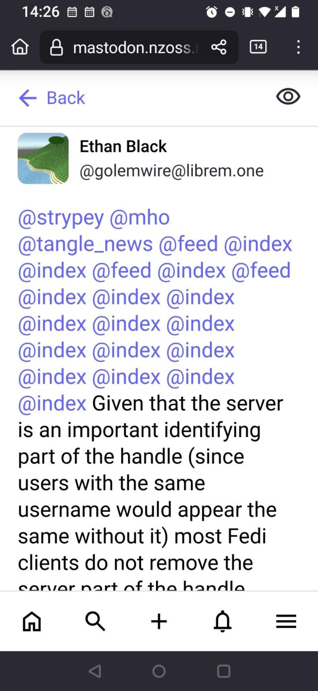 Screenshot of @golemwire post displayed in Mastodon, showing that my app trims off everything in @addresses after the second @