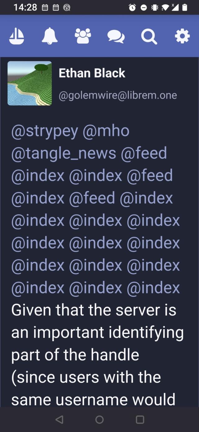 Screenshot of @golemwire post displayed in Enafore.social, showing that my app trims off everything in @addresses after the second @