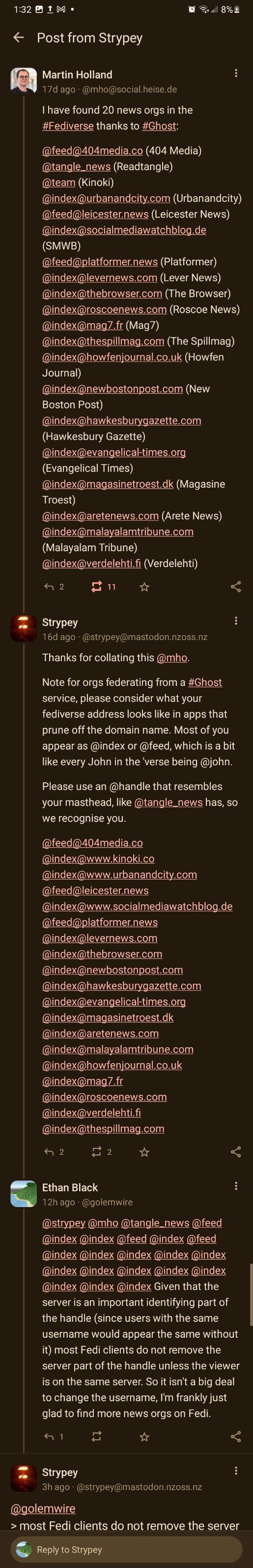 Panoramic screenshot of the official Mastodon app for Android, showing that it does "display anything after the second @"