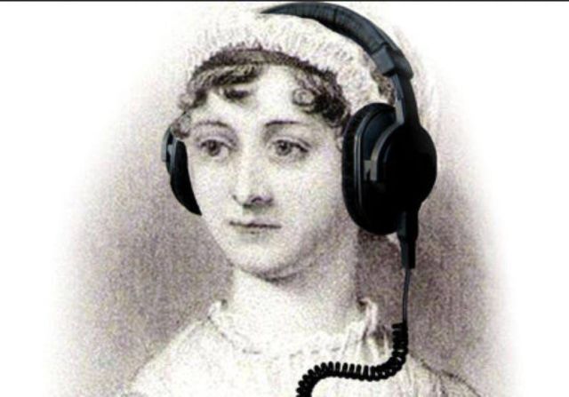 Black and white image of Jane Austen wearing over the ear headphones.