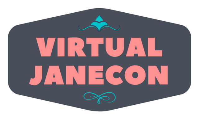 White Background with a black diamond shape. In that shape, in dark pink color, it says “Virtual JaneCon.”
