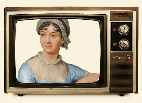 Vintage image of Jane Austen in the screen of a telly.
