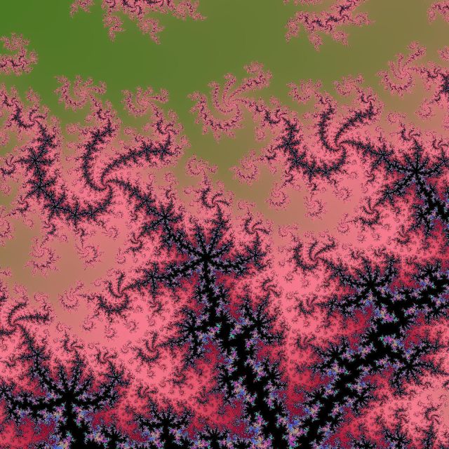 A render of the mandelbrot set using randomised colours. The centre point is 0.3837179349493597 + 0.3109883904697066i and we are zoomed to 6.5113057508e+10 magnitude.