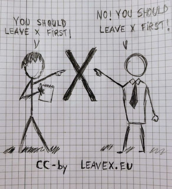 A hand-drawn cartoon depicts a journalist and a politician pointing at each other across a large "X," both saying, "You should leave the platform first!" The cartoon illustrates a stalemate over who should leave first.

CC-by leavex.eu