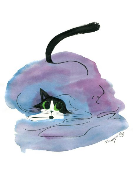 Painted on a white background, you see a heap of blankets in blue and lavender hues. From underneath, and in between the folds of the blanket, a cat's face and tail peak through. The cat has black and white fur and big green eyes. 