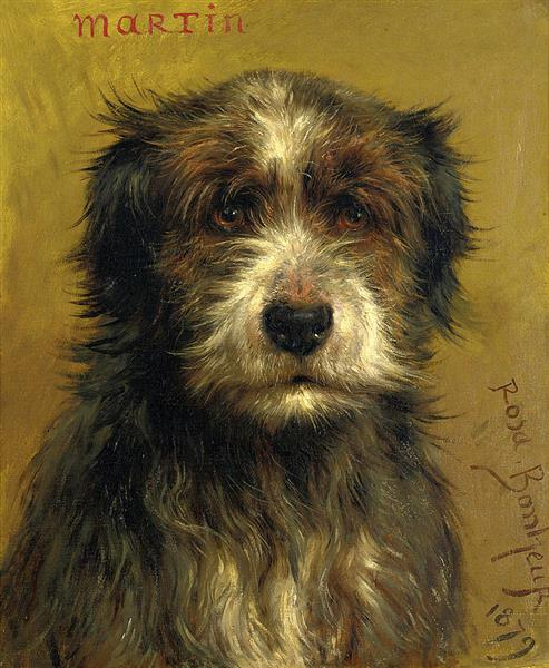 A Realist portrait of a dog, a terrier, against a gold background. The dog is mostly black and auburn but has a streak of white between his eyes and around his muzzle, and a patch of white on his chest. His gaze is both intent and soulful.