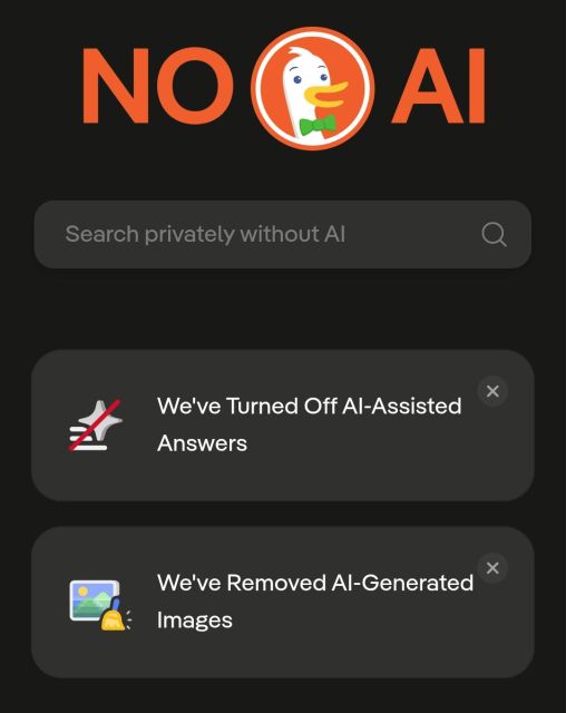 Screenshot of the DuckDuckGo's no-AI search page. The words "No AI" is written boldly on top with big letters, with the DuckDuckGo logo placed in between. The placeholder text in the search bar reads "Search privately without AI". Below the search bar you see two boxes showcasing features, with a close button on its top-right corner. The first box says "We've Turned Off AI-Assisted Answers" and the second box says "We've Removed AI-Generated Images"