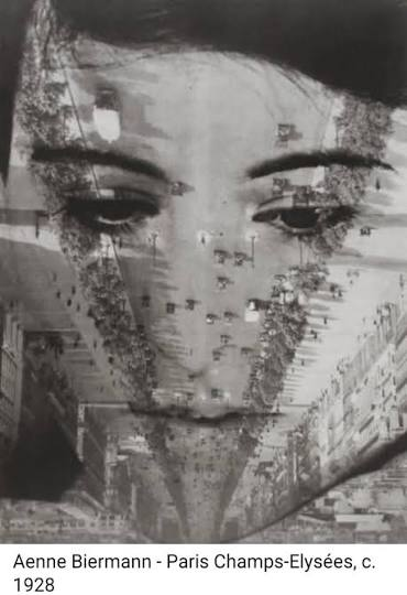 A photographic montage from the New Objectivity movement. A woman's face (actress Anneliese Schlesser) is double-exposed with an inverted image of Paris' Champes-Elysee, resulting in a face superimposed by lines radiating from the bottom center.