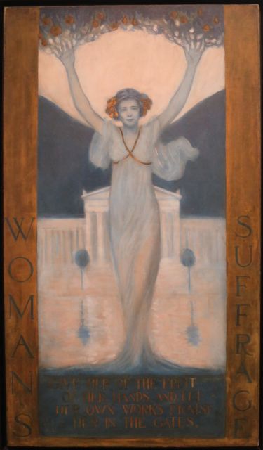 Description from Swann Galleries, December 16, 2009: “Evoking a passage from Proverbs 31:31, the sinuous Art Nouveau image portrays a woman literally growing forth from her roots in the ground, an organic part of the earth, with leaves and fruit blossoming from her fingertips. It is an elegant and thoughtful visual analogy to both woman as Earth Goddess and producer. This image was so popular it appeared on flyers, pamphlets and other Suffragist collateral material.”