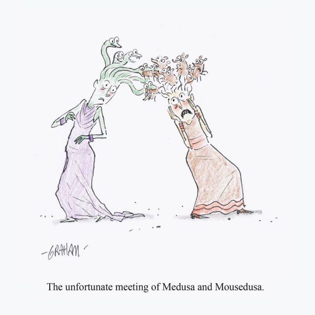 Medusa with snake-hair passes a second woman, "Mousedusa," whose hair is a swarm of mice, as the snakes immediately begin consuming the mice— a visual pun captioned "The unfortunate meeting of Medusa and Mousedusa."