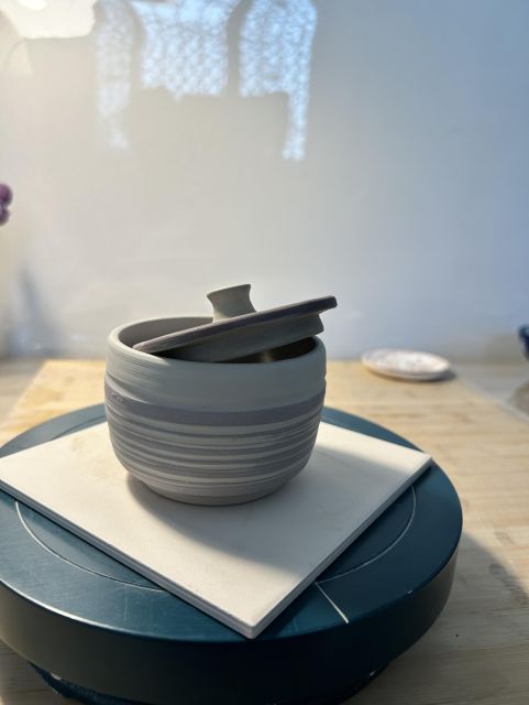 Sugar bowl and lid made entirely on a banding wheel. 