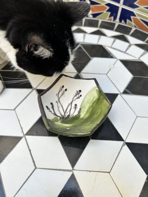 Natural lighting photo of a small, green, and white, with black painted flowers  hexagonal bowl on a black and white mosaic table. With a black and white cat's head in the top left hand corner of the shot.