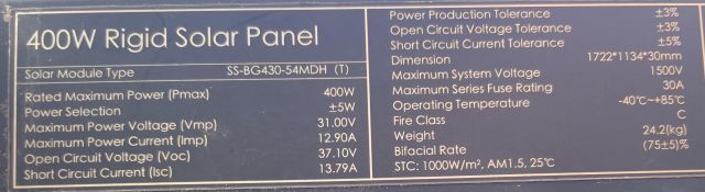 Photo of a panel’s technical specs