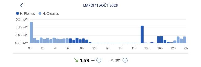 Screenshot of my best day from my utility’s app, this screen is a chart.
August 11, with nothing drawn from 9AM to 5PM, then a spike, then another two hours of nothing