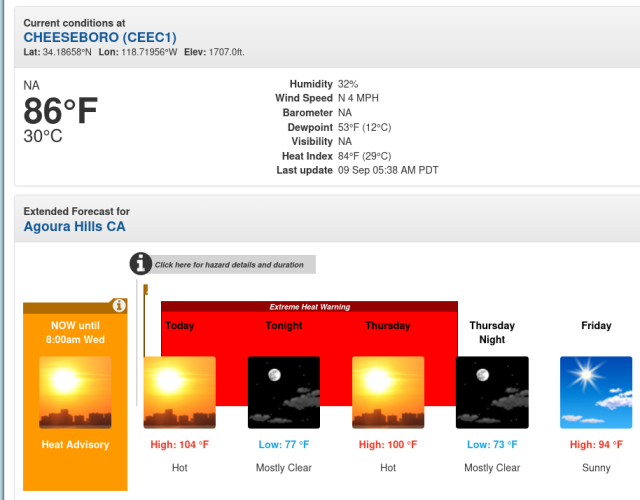 Graphic showing it is 86F in Agoura hills, forecast to 104F